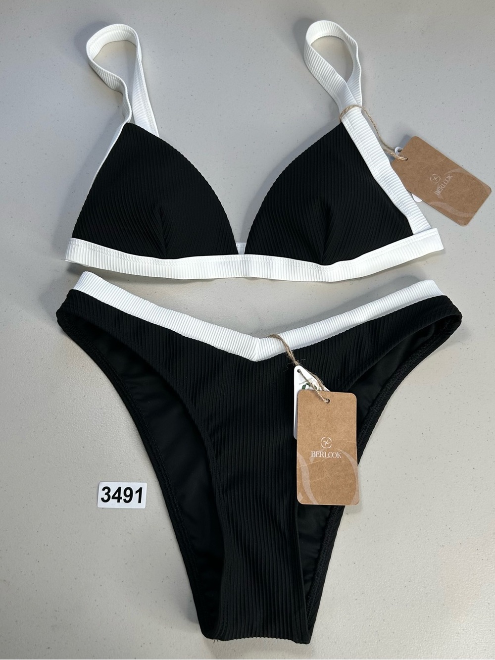 Berlook Bikini Set Small Black Contrast Trim Triangle Top New